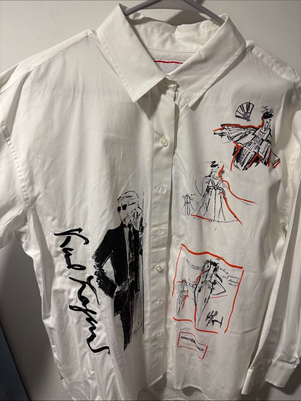 Karl Lagerfeld Women’s Oversized Button-Down Shirt w Black & Red Sketch Graphics